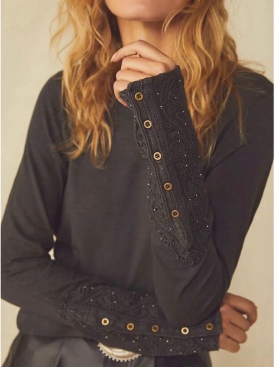 We The Free Tops - We The Free Dark Gray Long Sleeve Knit Top with Cable Button Sleeves